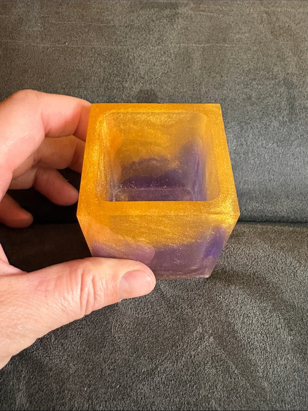 Handcrafted Purple and Gold Resin Square Trinket/Candle Holder